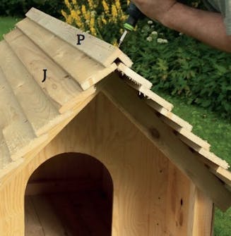 Hundkoja vinterbonad: Skruva fast nockbrädan när alla takbrädor Hundkoja vinterbonad: Skruva fast nockbrädan när alla takbrädor